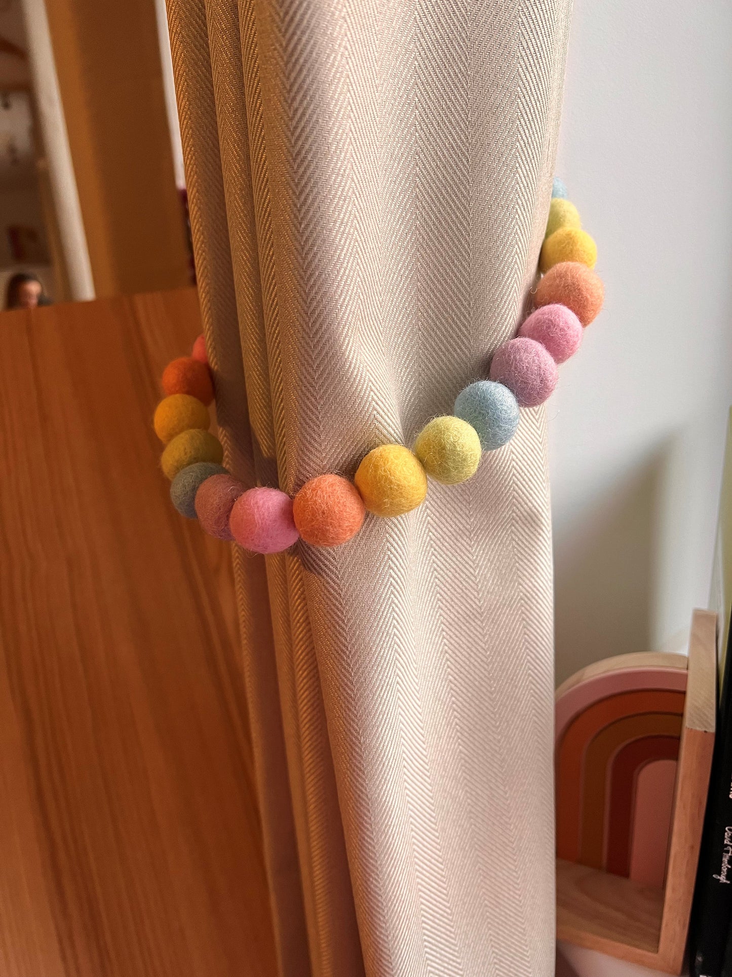 Pastel Rainbow Tie Back for Nursery - Pom Pom Tie Back - Curtain Tie Back - Nursery Decoration - Felt Ball Pastel Accessory - Babies Room