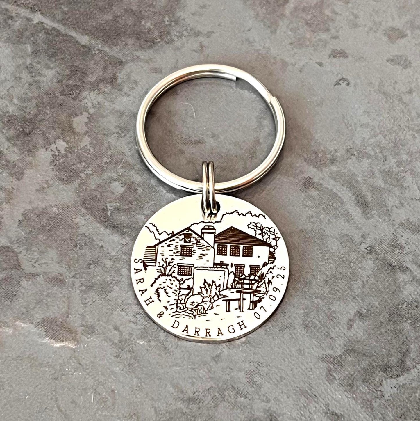 Valentines Day Gift, Personalised Wedding Keyring, Custom Wedding Painting, Engraved Wedding Venue Keychain, Stainless Steel Keepsake