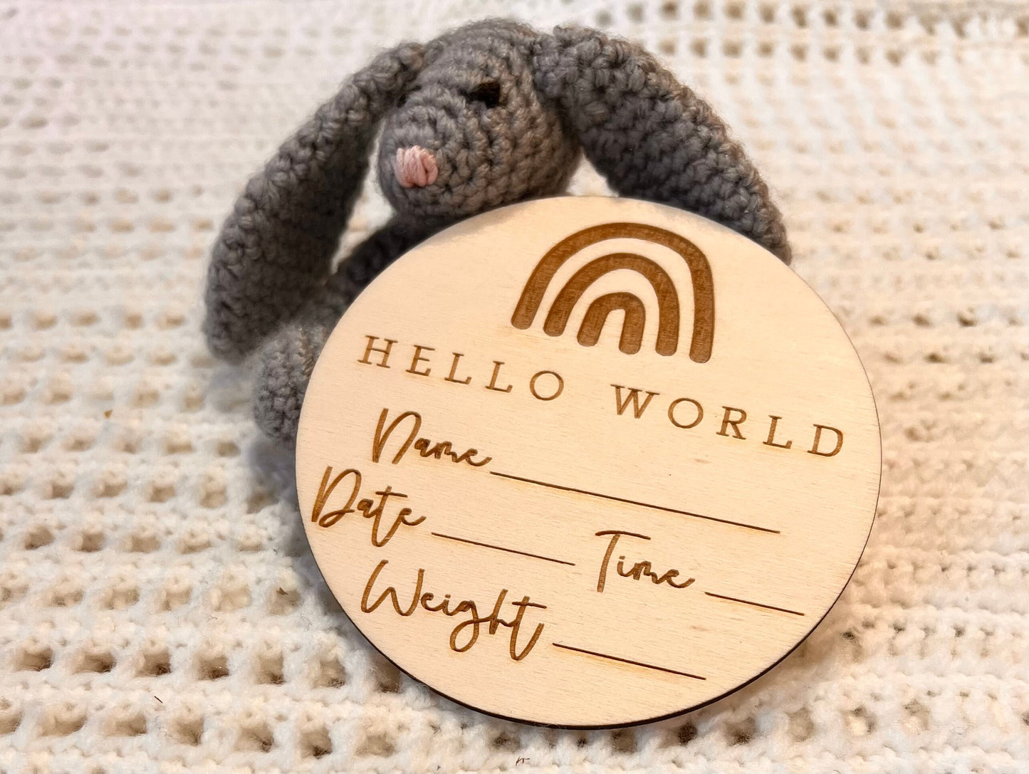 Baby Name Time Weight Announcement Sign - New Baby Sign - Social Media Announcement Prop - Personalised Engraved New Baby Disc - Rainbows