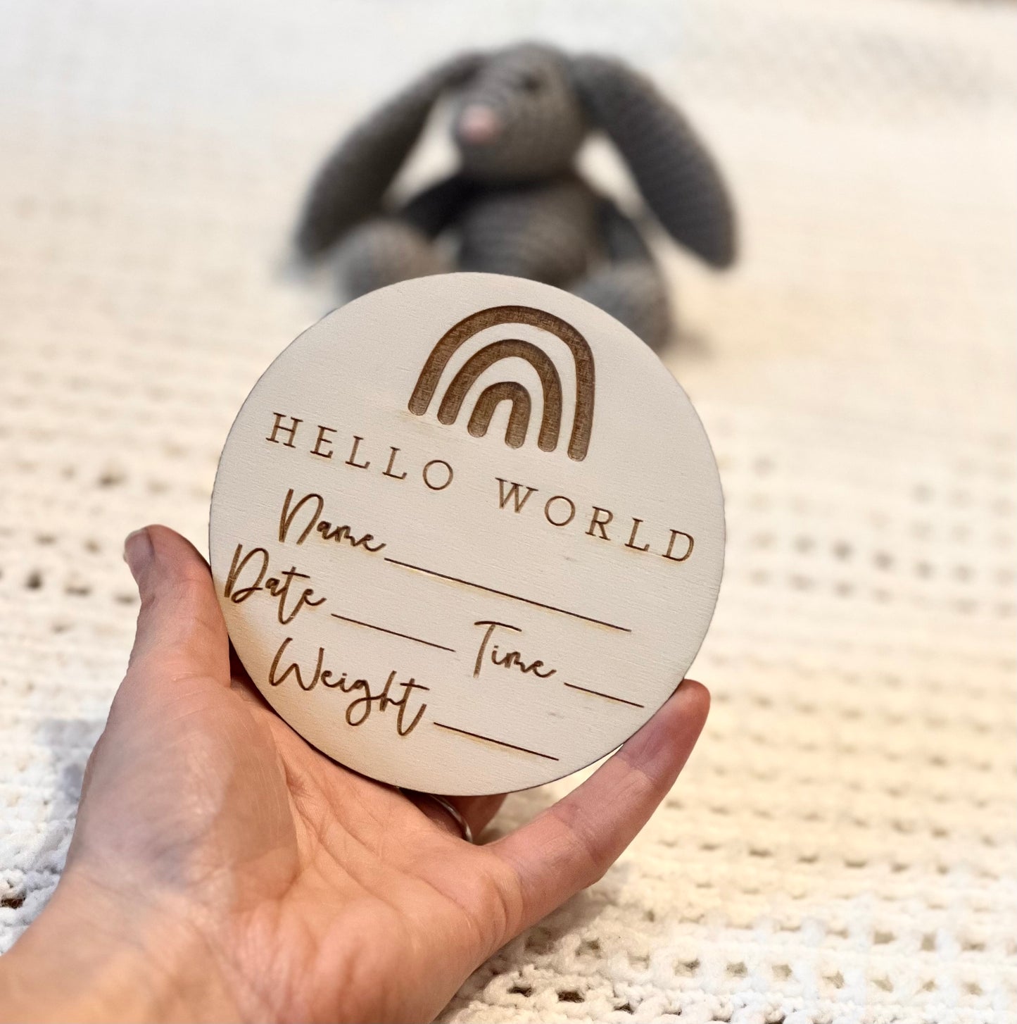 Baby Name Time Weight Announcement Sign - New Baby Sign - Social Media Announcement Prop - Personalised Engraved New Baby Disc - Rainbows