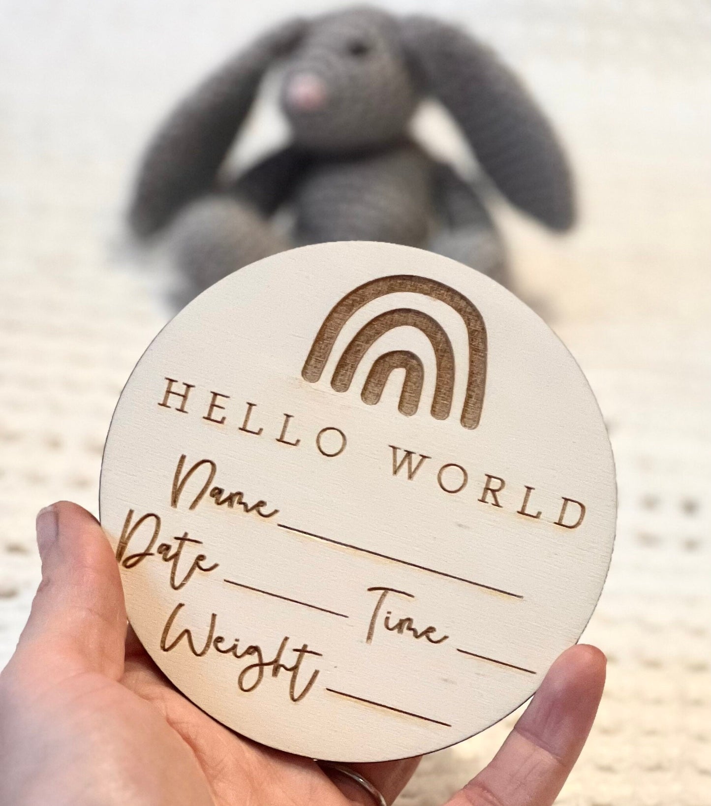 Baby Name Time Weight Announcement Sign - New Baby Sign - Social Media Announcement Prop - Personalised Engraved New Baby Disc - Rainbows