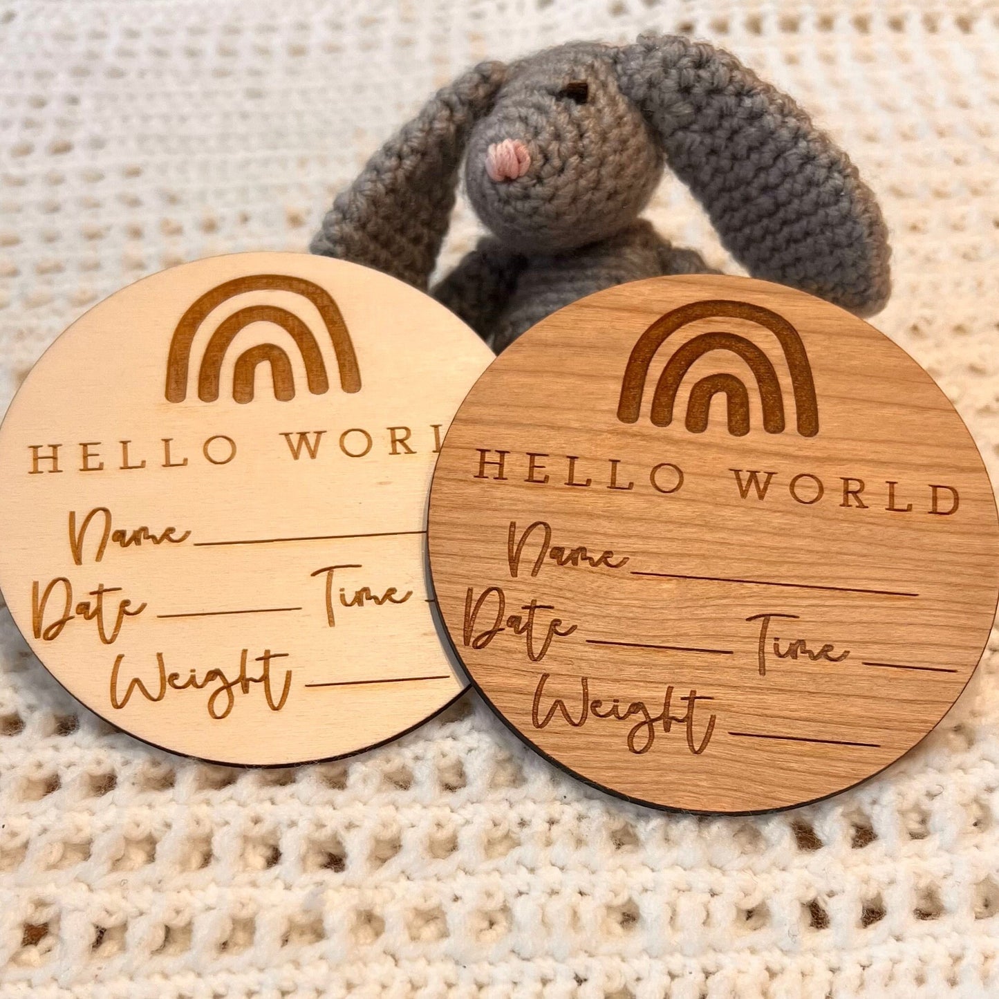Baby Name Time Weight Announcement Sign - New Baby Sign - Social Media Announcement Prop - Personalised Engraved New Baby Disc - Rainbows