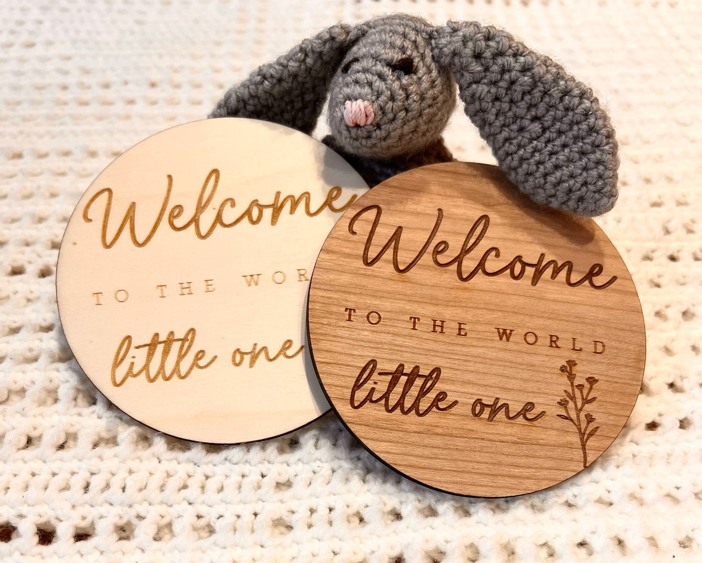 Welcome to the world little one baby sign - New Baby Arrival Sign - Social media Baby Sign Prop - Wooden Engraved Disc - Nursery Decor Sign