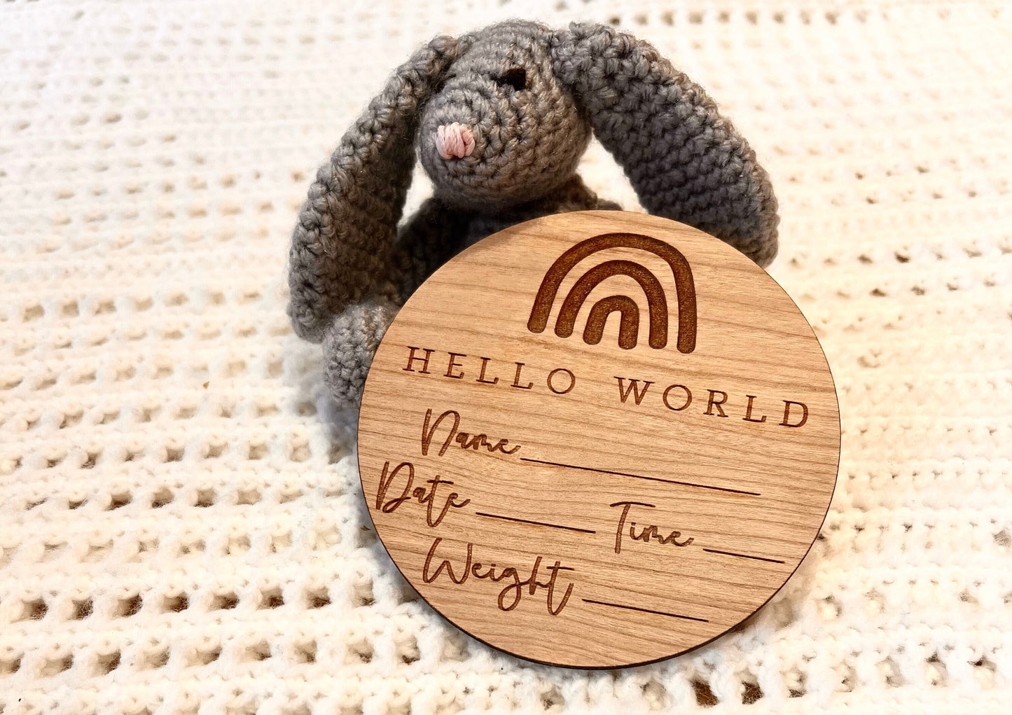 Baby Name Time Weight Announcement Sign - New Baby Sign - Social Media Announcement Prop - Personalised Engraved New Baby Disc - Rainbows