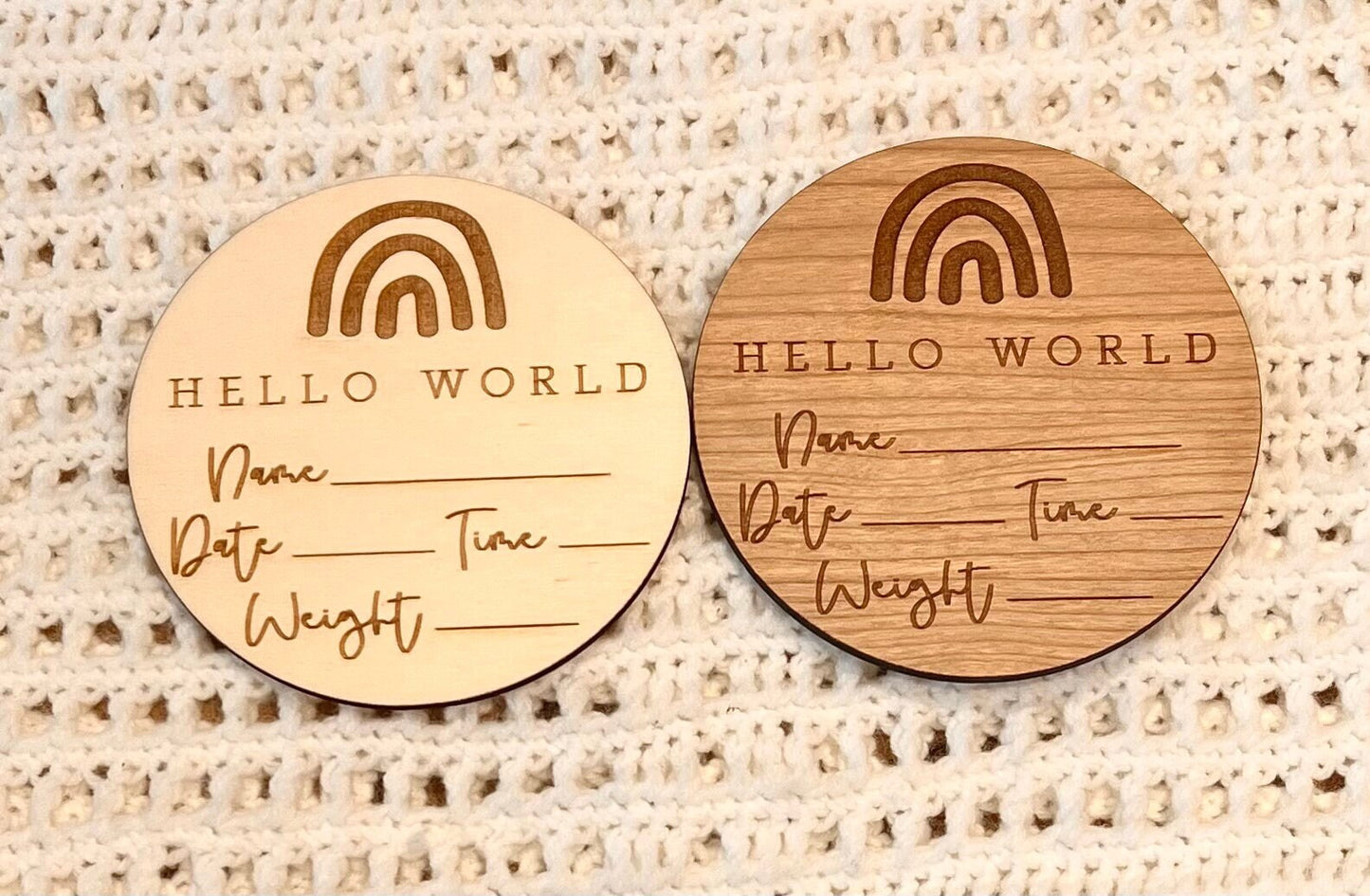 Baby Name Time Weight Announcement Sign - New Baby Sign - Social Media Announcement Prop - Personalised Engraved New Baby Disc - Rainbows
