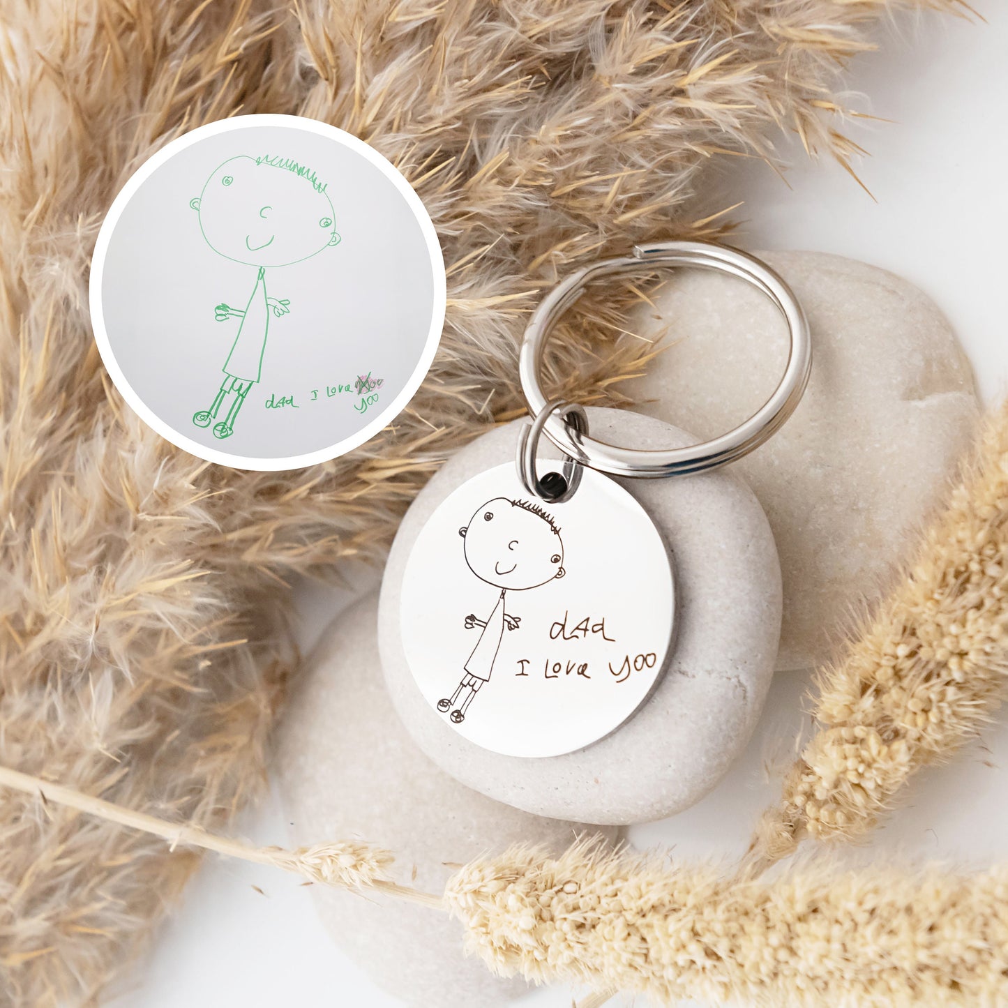 Gift for Dad Daddy Mum Mummy, Drawing Keyring, Personalised Child's Artwork Keychain, Custom Portrait Engraved Keyring, Custom Kids Drawing