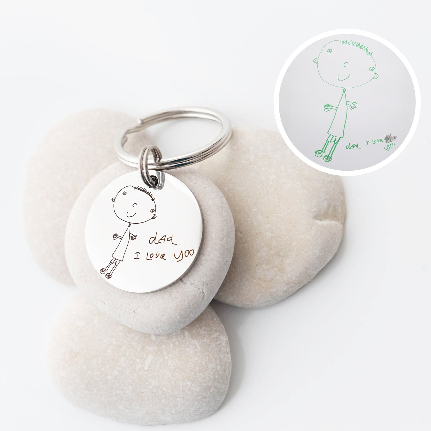Gift for Dad Daddy Mum Mummy, Drawing Keyring, Personalised Child's Artwork Keychain, Custom Portrait Engraved Keyring, Custom Kids Drawing