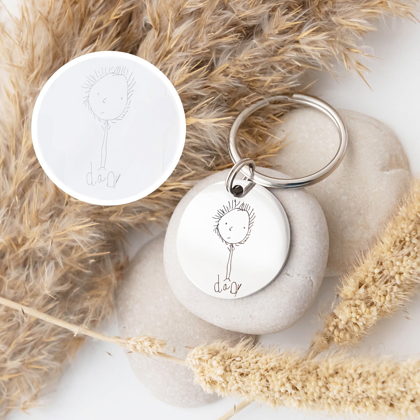 Gift for Dad Daddy Mum Mummy, Drawing Keyring, Personalised Child's Artwork Keychain, Custom Portrait Engraved Keyring, Custom Kids Drawing