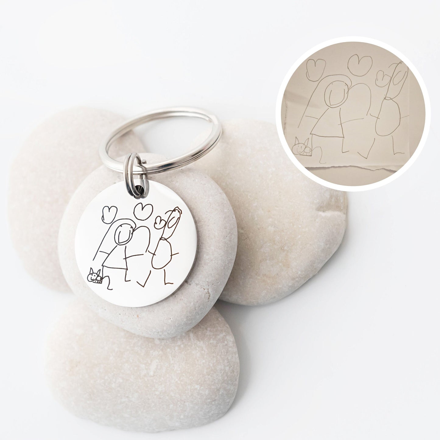 Gift for Dad Daddy Mum Mummy, Drawing Keyring, Personalised Child's Artwork Keychain, Custom Portrait Engraved Keyring, Custom Kids Drawing