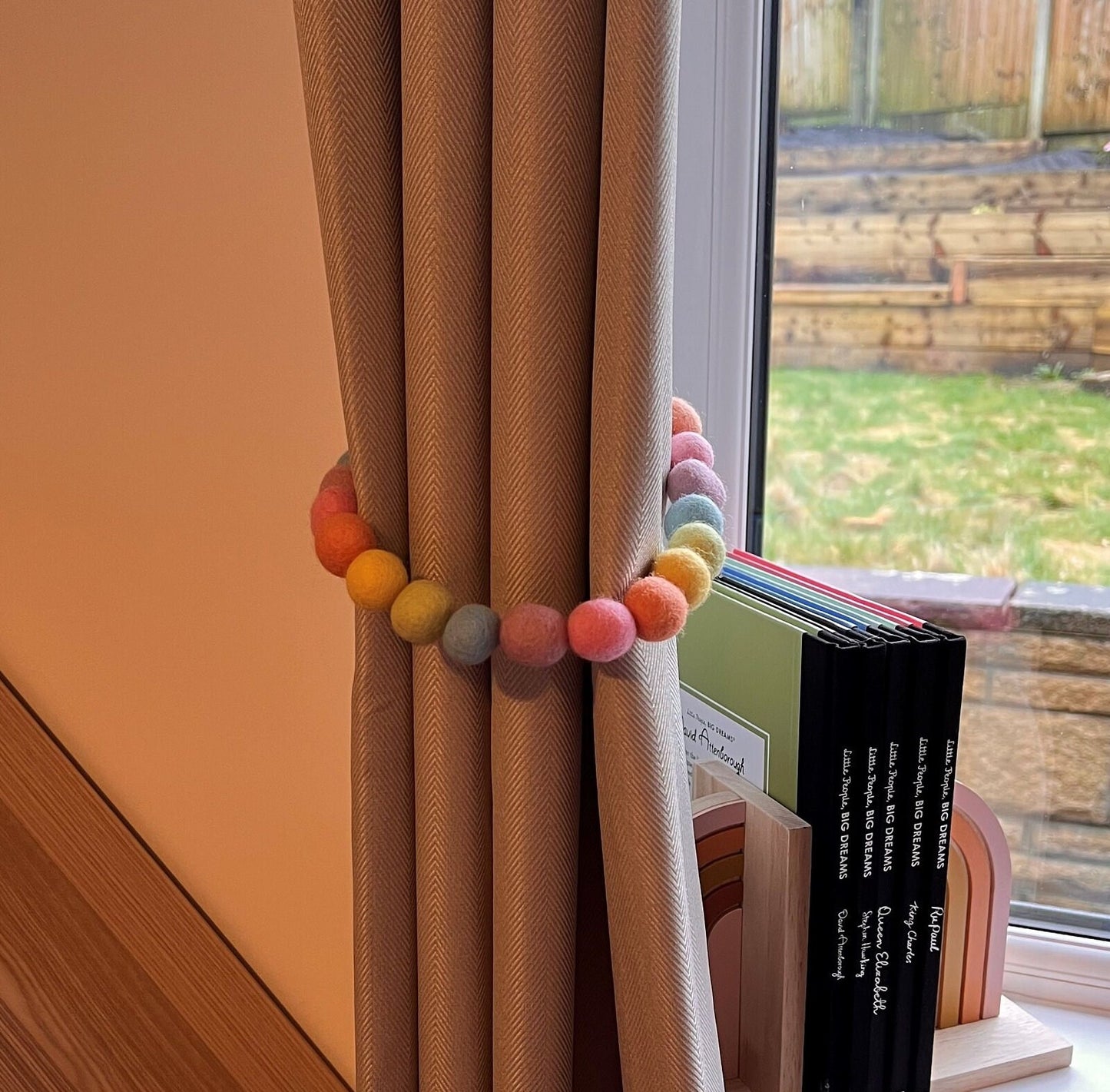 Pastel Rainbow Tie Back for Nursery - Pom Pom Tie Back - Curtain Tie Back - Nursery Decoration - Felt Ball Pastel Accessory - Babies Room