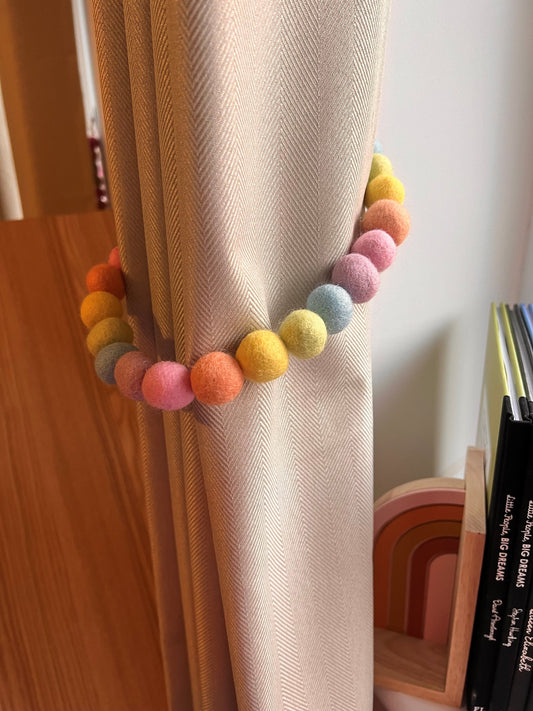 Pastel Rainbow Tie Back for Nursery - Pom Pom Tie Back - Curtain Tie Back - Nursery Decoration - Felt Ball Pastel Accessory - Babies Room