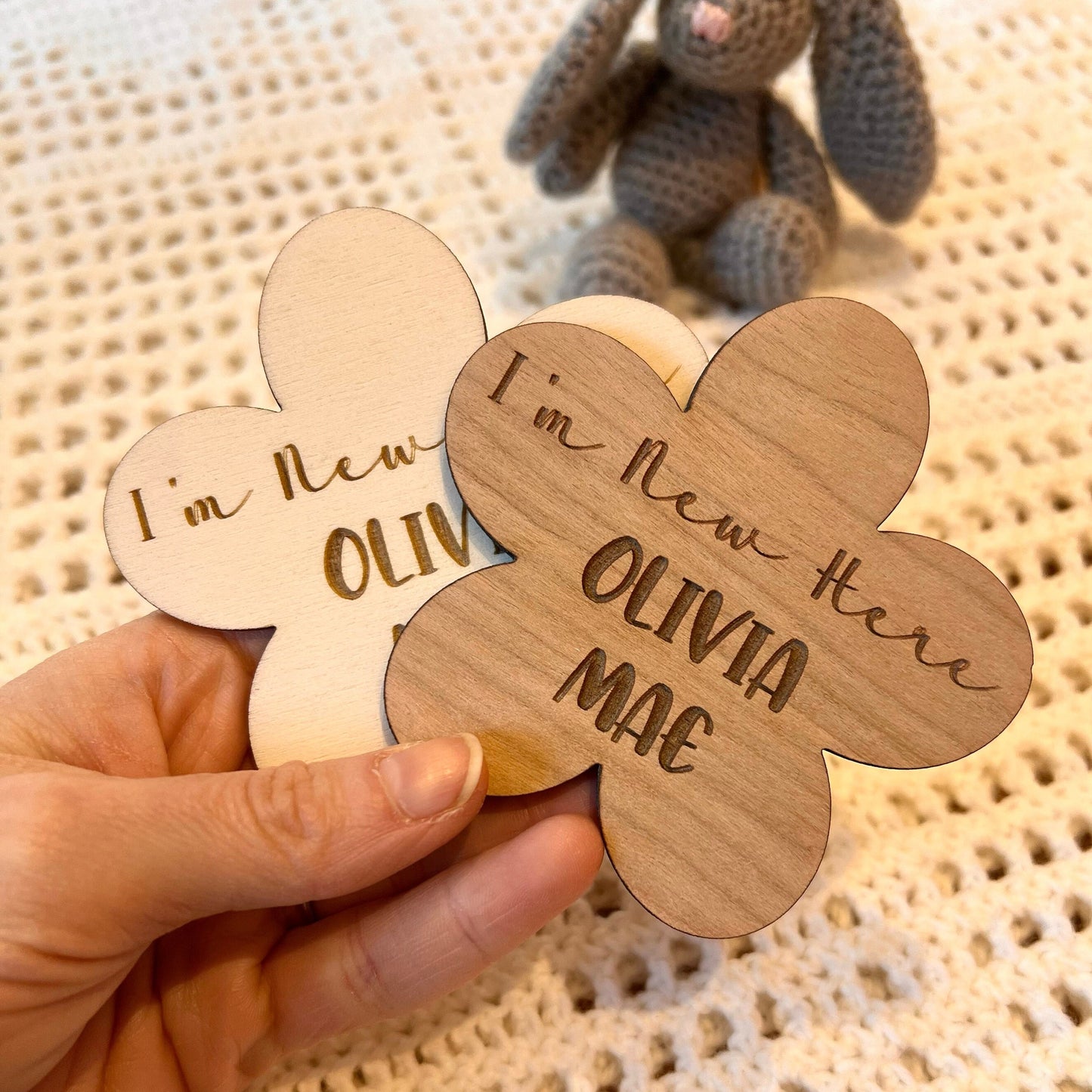 Flower I'm New Here Wooden Baby Announcement Sign - Personalised Wooden Baby Sign - Nursery Decor - Social Media Photo Prop - New Baby Gift