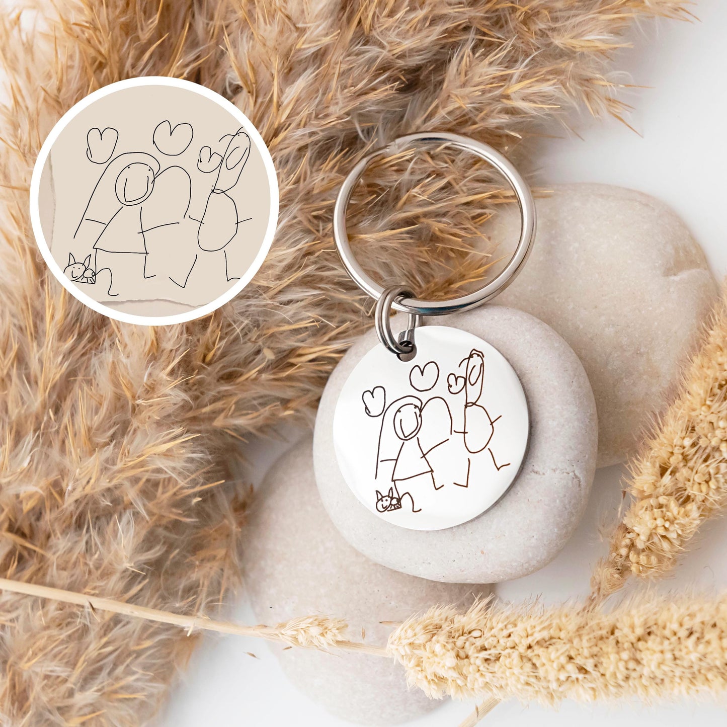 Gift for Dad Daddy Mum Mummy, Drawing Keyring, Personalised Child's Artwork Keychain, Custom Portrait Engraved Keyring, Custom Kids Drawing