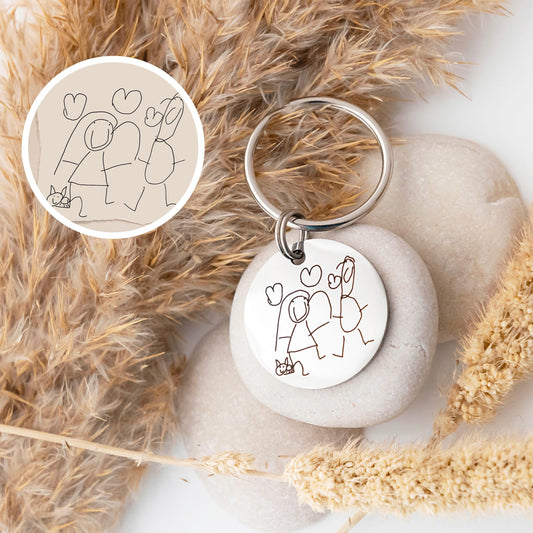 Gift for Dad Daddy Mum Mummy, Drawing Keyring, Personalised Child's Artwork Keychain, Custom Portrait Engraved Keyring, Custom Kids Drawing