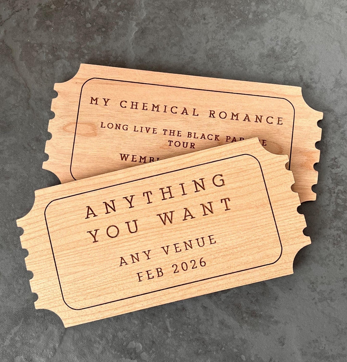 Personalised Gift Voucher, Concert Ticket, Keepsake Ticket, Personalised Voucher, Gift Ticket, Wooden Ticket, Memento Gig Ticket
