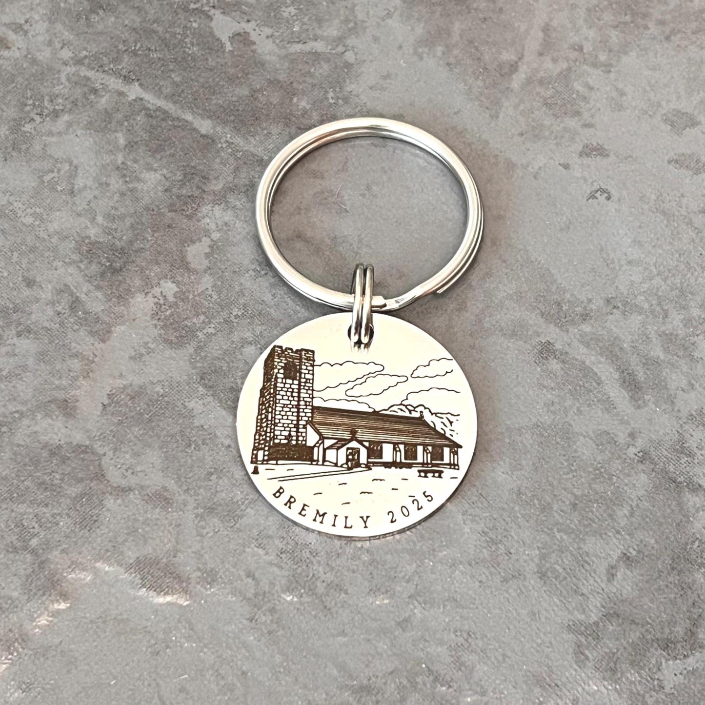 Valentines Day Gift, Personalised Wedding Keyring, Custom Wedding Painting, Engraved Wedding Venue Keychain, Stainless Steel Keepsake