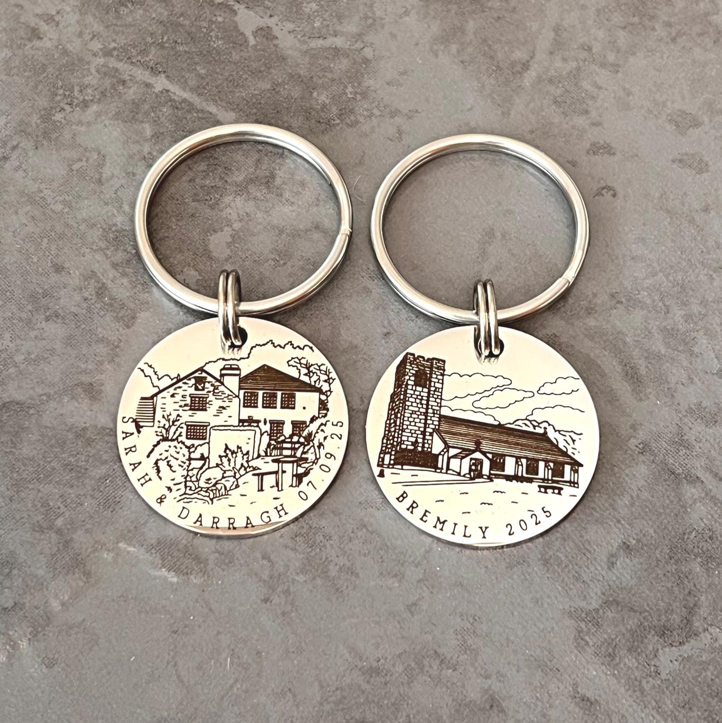 Valentines Day Gift, Personalised Wedding Keyring, Custom Wedding Painting, Engraved Wedding Venue Keychain, Stainless Steel Keepsake