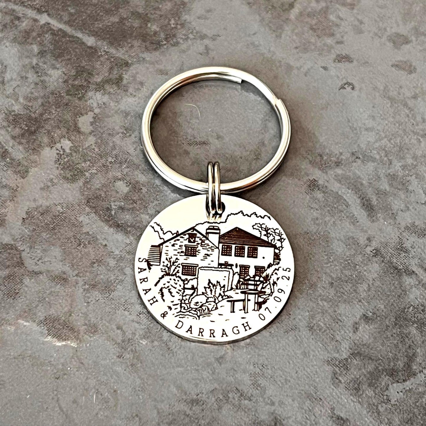 Valentines Day Gift, Personalised Wedding Keyring, Custom Wedding Painting, Engraved Wedding Venue Keychain, Stainless Steel Keepsake