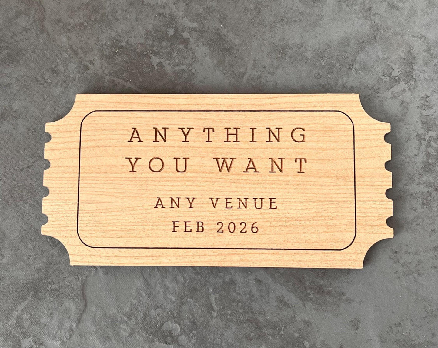 Personalised Gift Voucher, Concert Ticket, Keepsake Ticket, Personalised Voucher, Gift Ticket, Wooden Ticket, Memento Gig Ticket