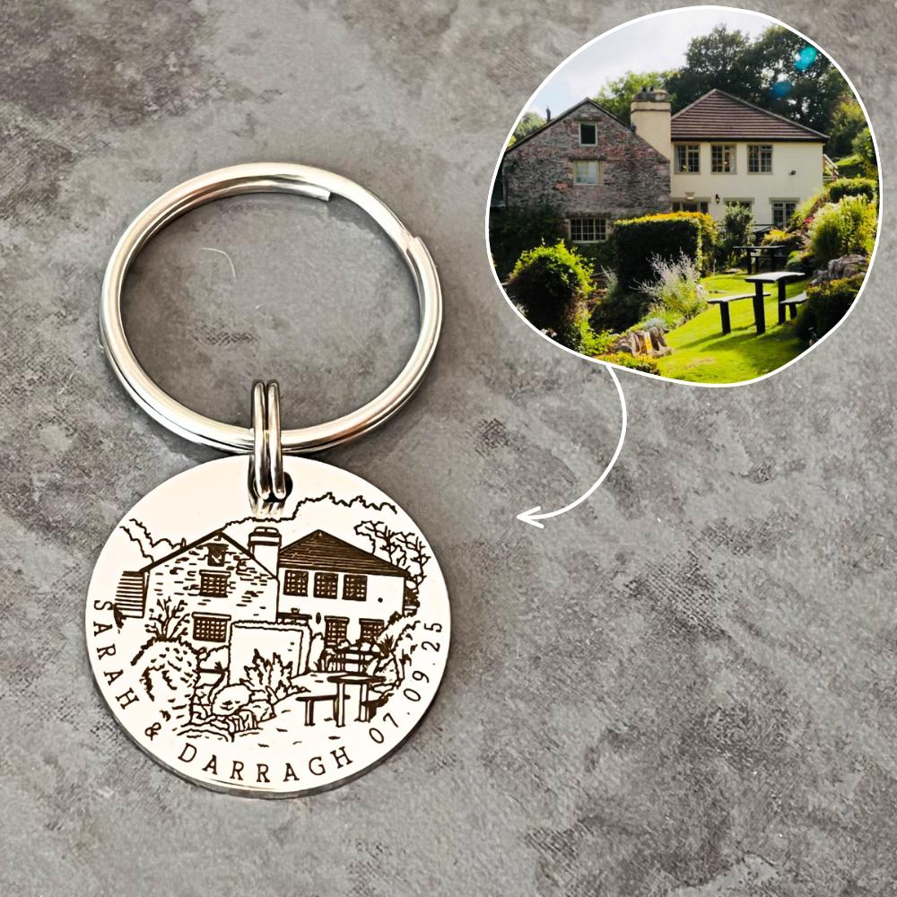 Valentines Day Gift, Personalised Wedding Keyring, Custom Wedding Painting, Engraved Wedding Venue Keychain, Stainless Steel Keepsake