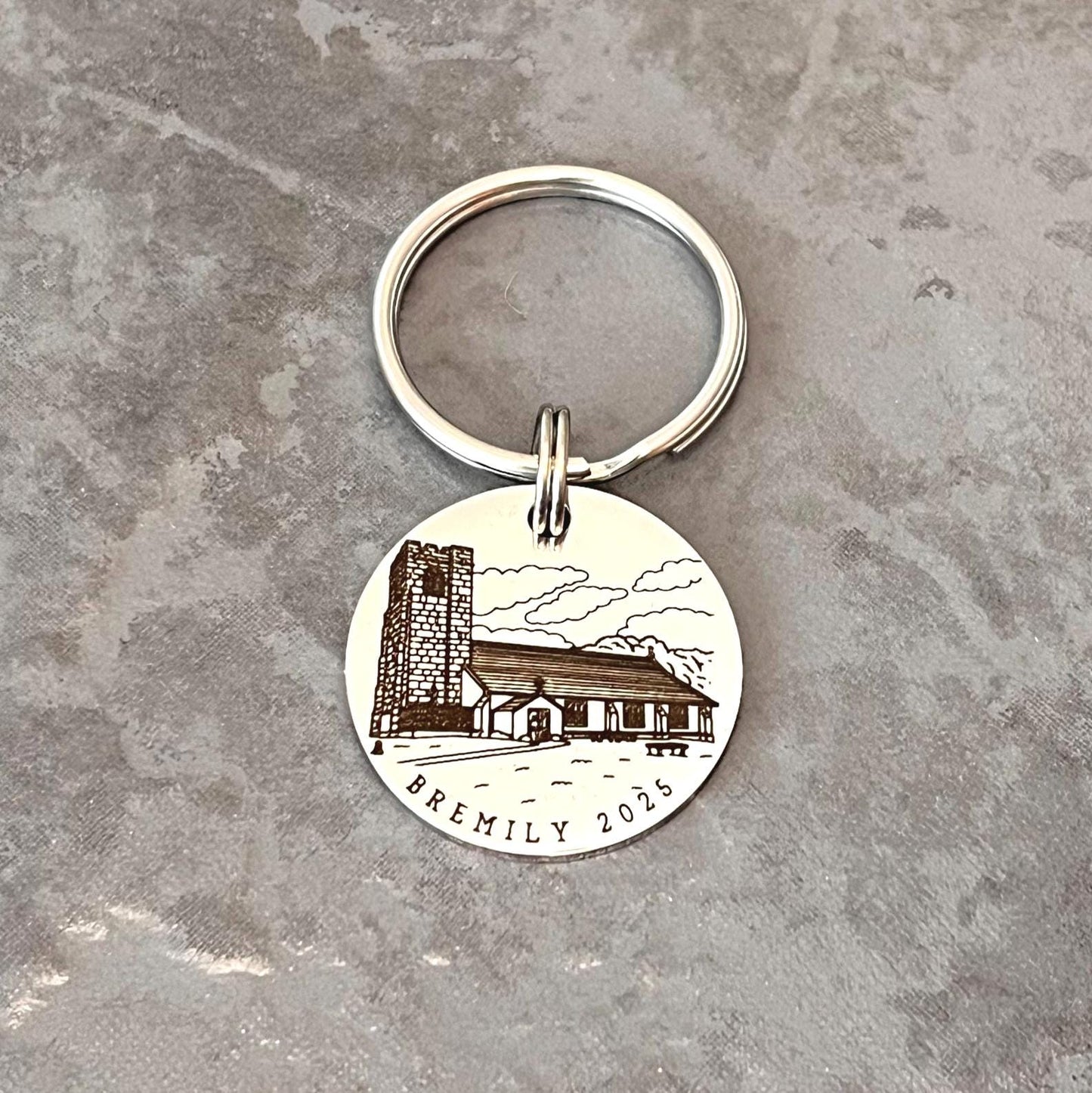 Valentines Day Gift, Personalised Wedding Keyring, Custom Wedding Painting, Engraved Wedding Venue Keychain, Stainless Steel Keepsake