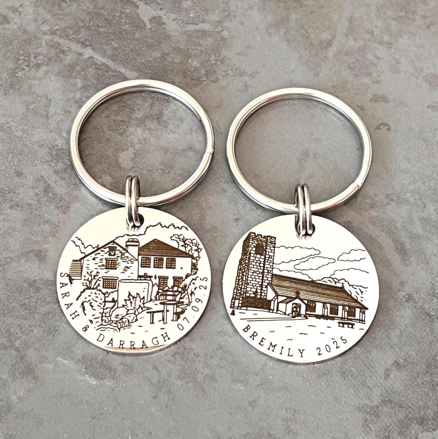 Valentines Day Gift, Personalised Wedding Keyring, Custom Wedding Painting, Engraved Wedding Venue Keychain, Stainless Steel Keepsake