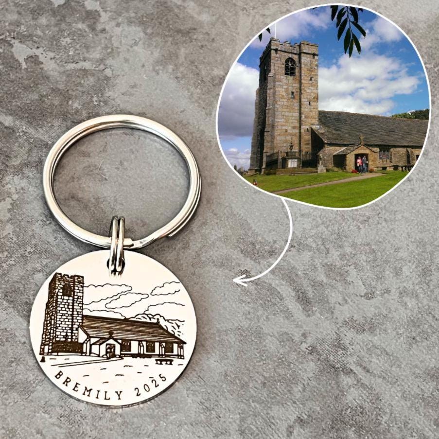 Valentines Day Gift, Personalised Wedding Keyring, Custom Wedding Painting, Engraved Wedding Venue Keychain, Stainless Steel Keepsake