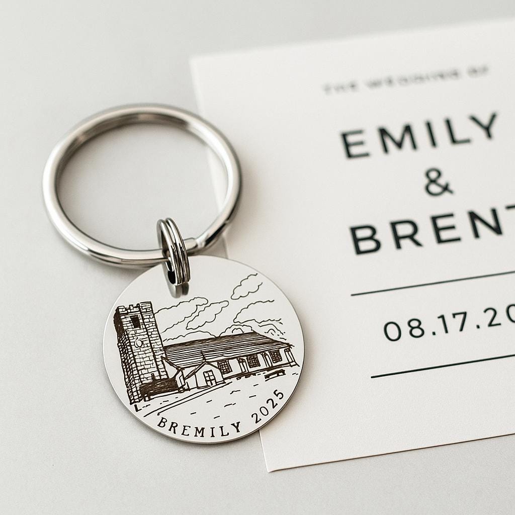 Valentines Day Gift, Personalised Wedding Keyring, Custom Wedding Painting, Engraved Wedding Venue Keychain, Stainless Steel Keepsake