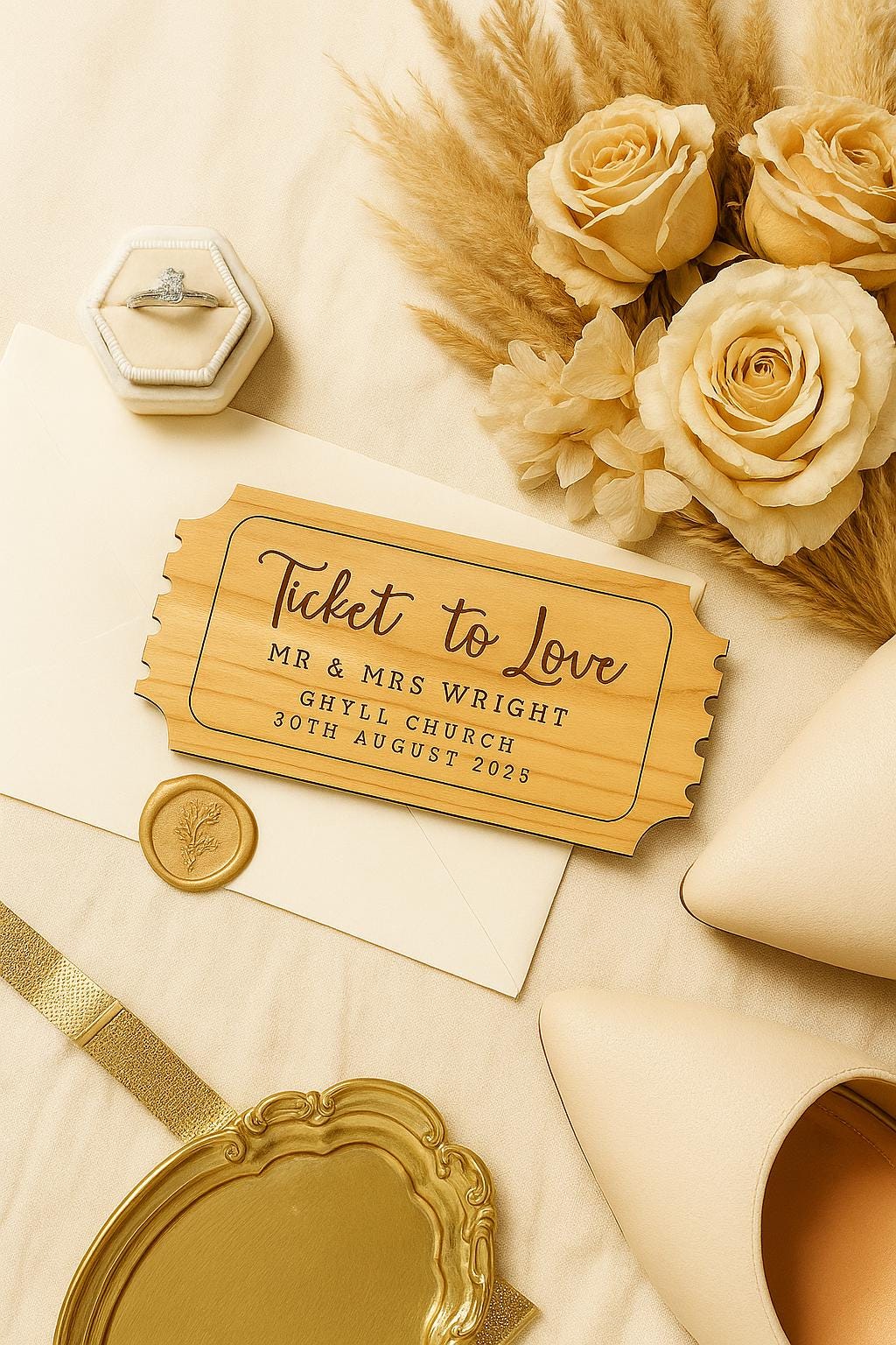 Custom Wooden Wedding Ticket | Save the Date/Invitation | Personalised Wedding Gift | Personalised Wooden Wedding Keepsake | Cherry Veneer
