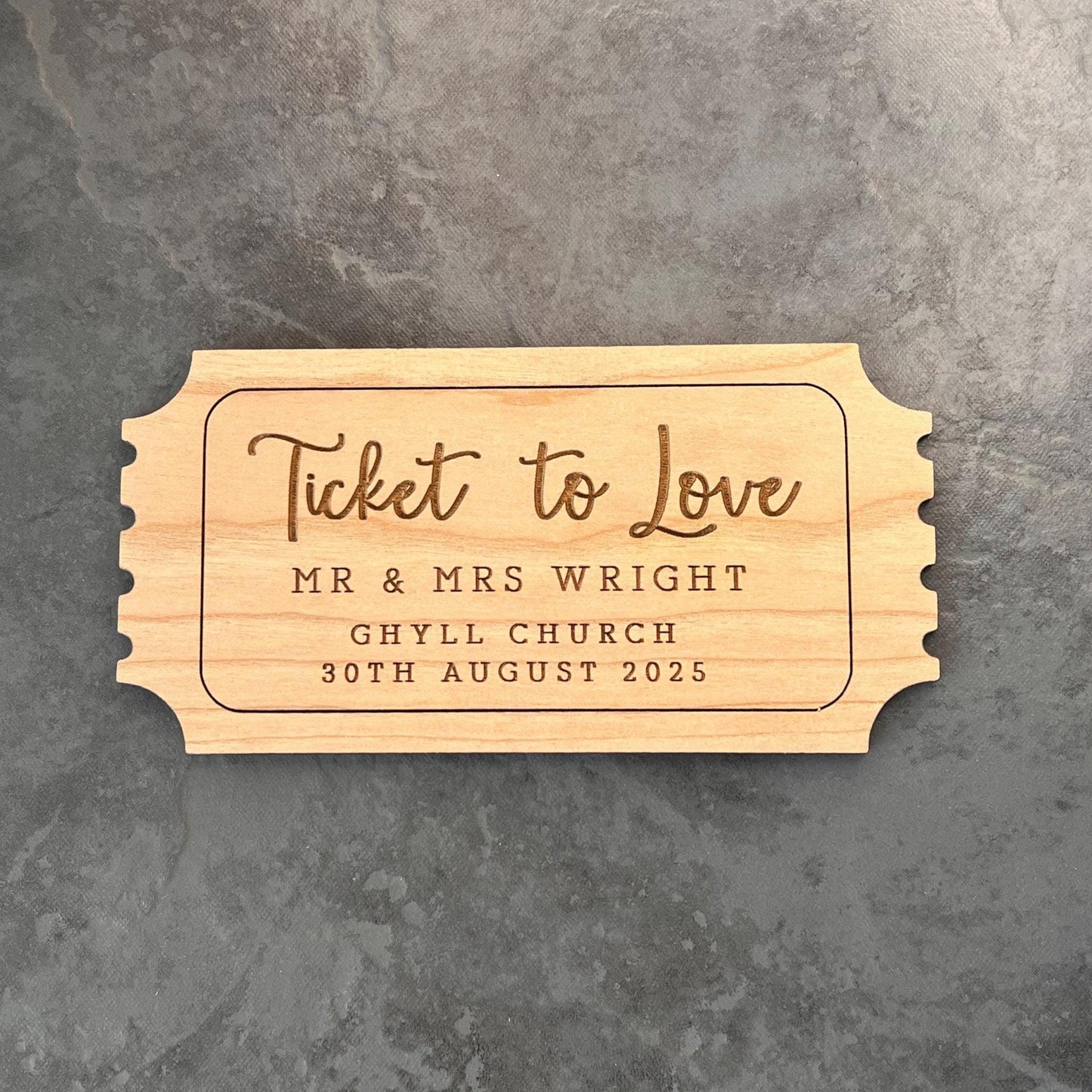 Custom Wooden Wedding Ticket | Save the Date/Invitation | Personalised Wedding Gift | Personalised Wooden Wedding Keepsake | Cherry Veneer