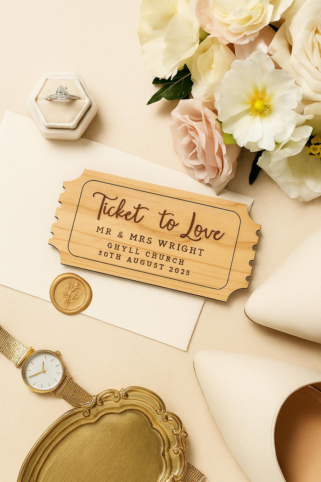 Custom Wooden Wedding Ticket | Save the Date/Invitation | Personalised Wedding Gift | Personalised Wooden Wedding Keepsake | Cherry Veneer