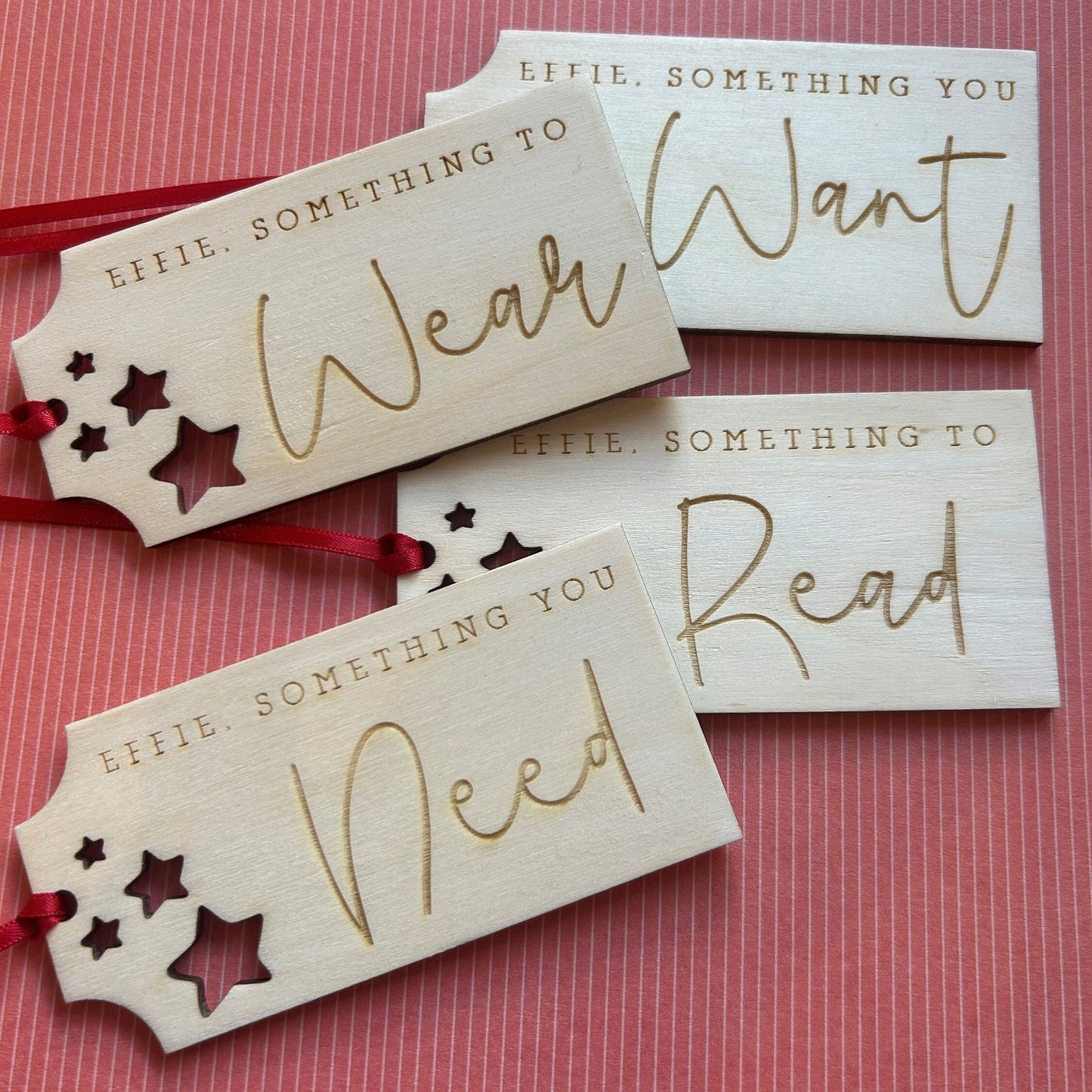 Christmas Tags - Personalised Christmas Labels - Set of 4 Want, Wear, Need, Read Gift Tags - Wooden Gift - Reusable Gift Tags - Christmas