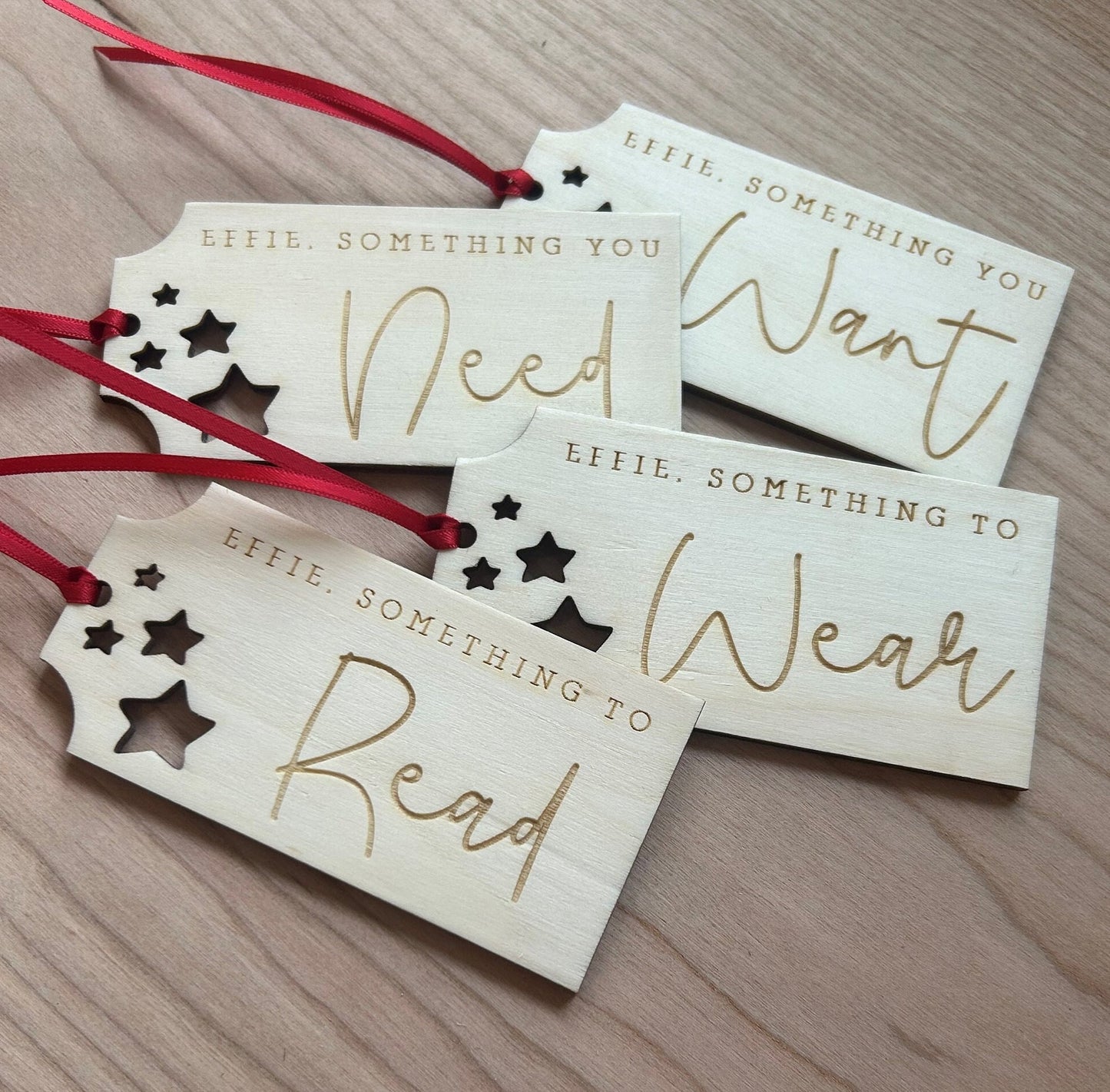 Christmas Tags - Personalised Christmas Labels - Set of 4 Want, Wear, Need, Read Gift Tags - Wooden Gift - Reusable Gift Tags - Christmas