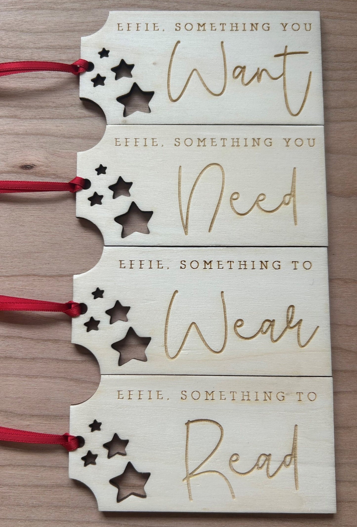 Christmas Tags - Personalised Christmas Labels - Set of 4 Want, Wear, Need, Read Gift Tags - Wooden Gift - Reusable Gift Tags - Christmas